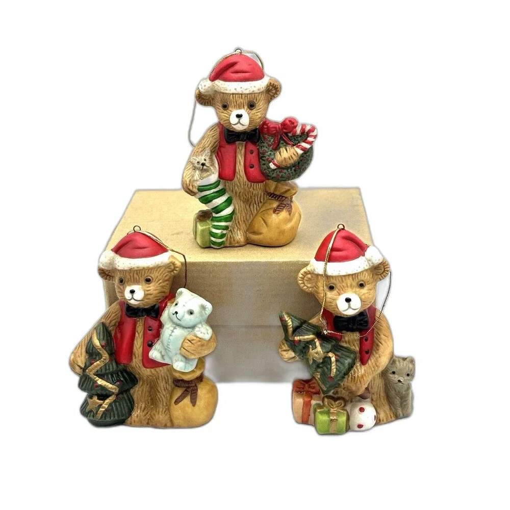 Vintage Christmas Bears In Santa Hats Set Of 3 Ceramic Ornaments